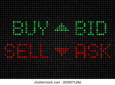 Stock Exchange Board, Buy, Sell, Bid, Ask LED Indicators. Vector Market Index On Screen, Green And Red Trade Tickers, Currency Rate Growth And Drop On Black Display. Trading Data, Financial Investment