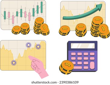 Stock exchange charts on cryptocurrency. Chart concepts for online trading on the cryptocurrency exchange. Vector illustration in retro style