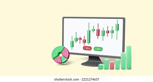 Stock exchange and forex trading on pc. 3D computer monitor with charts and candlestick graph. Growing financial index concept. Market analytics. Vector illustration