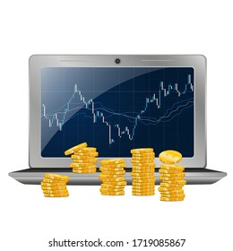Stock exchange graph on laptop screen, coins next to laptop. Forex market, trading, vector illustration