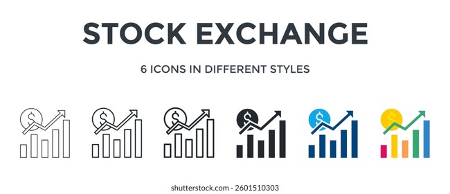 Stock Exchange Icon In Different Style Vector Illustration. Designed In Thin Line, Regular Line, Bold Line, Glyph, Color Fill, And Flat Style Can Be Used For Web