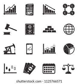 Stock Exchange Icons. Black Scribble Design. Vector Illustration.