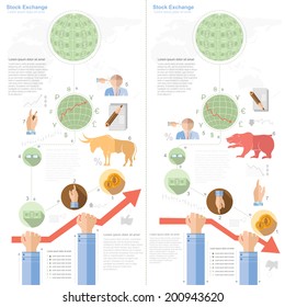 stock exchange infographic with bull bear and diagrams