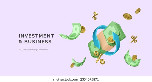 Stock exchange investment and business concept. Paper money bundle with flying green banknotes and gold coins with percentage sign. 3D cartoon design element. Vector illustration