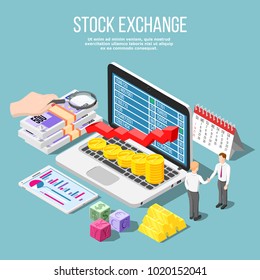 Stock exchange isometric composition with  stock market price on laptop display control schedule bundles of banknotes vector illustration