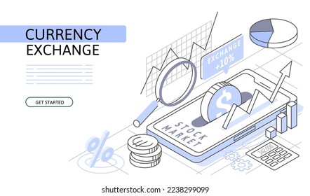 Stock exchange Isometric Concept. Use for web page, banner, infographics. Flat illustration editable line. Trading market