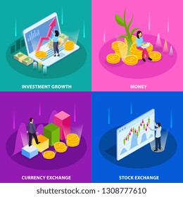 Stock exchange isometric icon set with investment growth money currency and stock exchange descriptions vector illustration