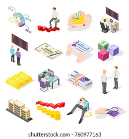 Stock exchange isometric icons with coins gold bars bundles of banknotes stock market price on display isolated vector illustration