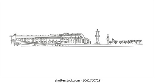 Stock Exchange and Kunstkamera. The attraction of Saint Petersburg. Vector graphics panorama.