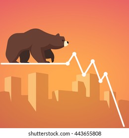 Stock exchange market bears metaphor. Falling, declining down stock price. Trading business concept. Modern fat style vector illustration.