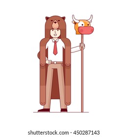 Stock exchange market bears metaphor. Businessman wearing bear pelt and holding bull head on a spear. Trading business concept. Modern flat style thin line vector illustration isolated on white.