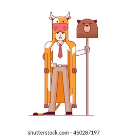 Stock exchange market bears metaphor. Businessman wearing bull pelt and holding bear head on a spear. Trading business concept. Modern flat style thin line vector illustration isolated on white.