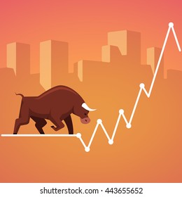 Metáfora de los bulls bursátiles. Creciendo, subiendo el precio de las acciones. Concepto comercial. Ilustración vectorial de estilo grasa moderna.