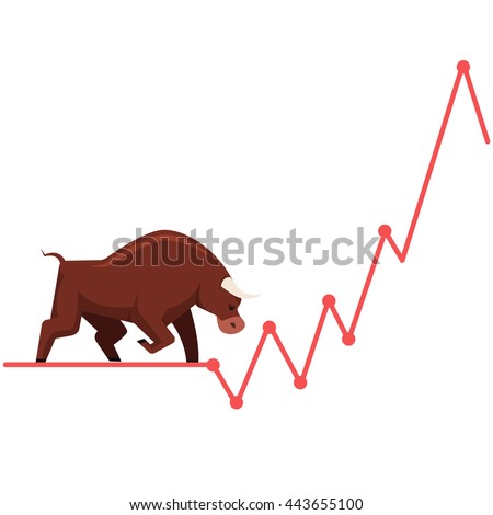 Stock exchange market bulls metaphor. Growing, rising up stock price. Trading business concept. Modern fat style vector illustration.