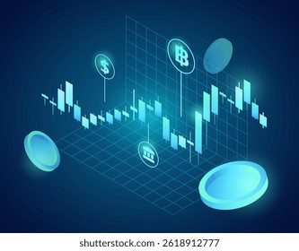Stock Exchange Market Trade Graph Digital Screen with Rising Glow Candle Stick Showing Investment Growth and Finance Trends for Trade Analysis Economic 3D Isometric Market Dashboard.