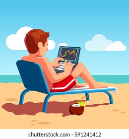 Stock exchange market trader selling and buying shares & equity using laptop computer terminal on ocean beach shore drinking cocktail. Business man summer vacation work. Flat style vector illustration