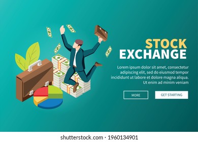 Stock exchange online trade with leading broker banknotes piles isometric background webpage trading platform website vector illustration