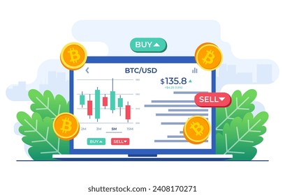 Stock exchange scene with laptop computer, chart, and SELL and BUY options, Cryptocurrency trading, candlestick chart, Bitcoin, Digital web money, Crypto investment strategy