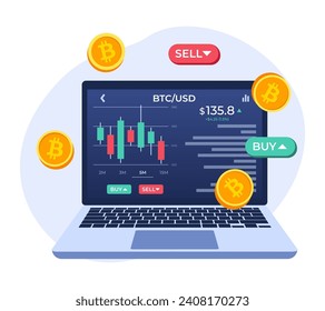 Escena de la bolsa de valores con ordenador portátil, gráfico y opciones de VENTA y COMPRA, Cryptocurrency trading, candlestick chart, Bitcoin, Digital web money, Crypto investment strategy