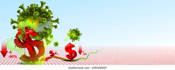 Stock exchange sinks and the global economy crash caused by the Coronavirus in 2020. Showing dollar currency collapse or fallout by covid-19.