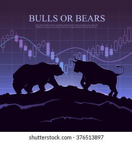 Stock exchange trading banner. The bulls and bears struggle: what type of investor will you be? Stock market concept illustration. Modern flat design.