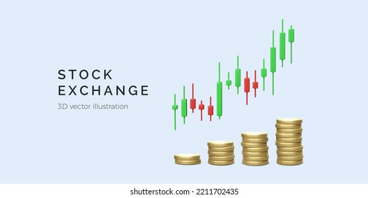 Stock exchange trading concept with candlestick chart and stack of gold coins. Business and finance investment concept. Vector illustration