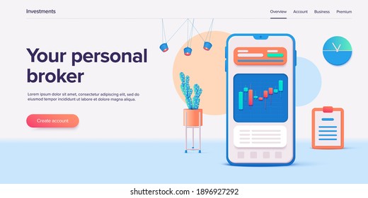 Stock exchange vector illustration in 3d design. Trading market or investment mobile app. Financial broker or trader application. Web banner layout template.