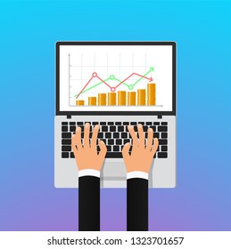Stock exchange vector illustration concept. Laptop screen with abstract stock market growth and businessman hands isolated design elements on gradient background