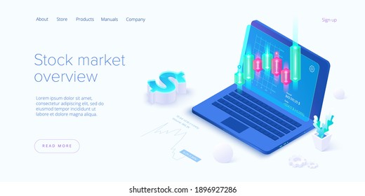 Stock exchange vector illustration in isometric design. Trading market or investment mobile app. Financial broker or trader application. Web banner layout template.