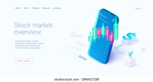 Stock exchange vector illustration in isometric design. Trading market or investment mobile app. Financial broker or trader application. Web banner layout template.