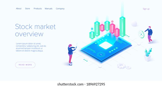 Stock Exchange Vector Illustration In Isometric Design. Trading Market Or Investment Mobile App. Financial Broker Or Trader Application. Web Banner Layout Template.