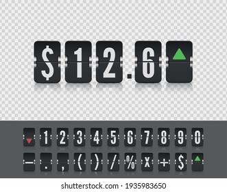 Stock exchange vector mechanic board. Analog flip airport board for countdown timer. Flip number and symbol scoreboard on white background.