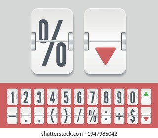 Stock exchange vector mechanic board. White analog flip airport board for countdown timer. Flip number and symbol scoreboard on white background.