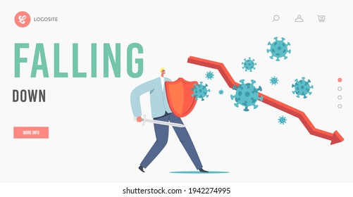 Stock Falling Down Landing Page Template. Tiny Business Man Character with Shield and Sword Fighting with Huge Covid Cells Attack. Financial Crisis, Pandemic, Loss Money. Cartoon Vector Illustration