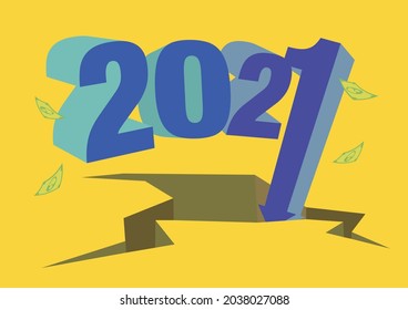 Stock or financial market crash text with money flying in 2021. Vector illustration.