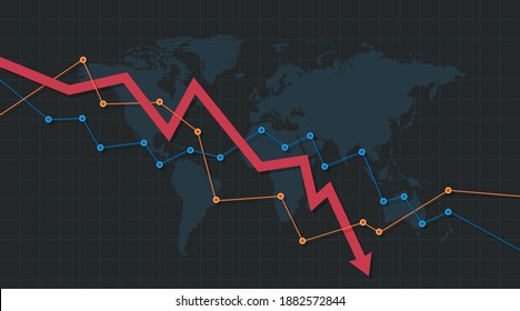 Stock or financial market crash with the world map in the background. Arrow pointing downwards showing the crisis. Vector illustration.