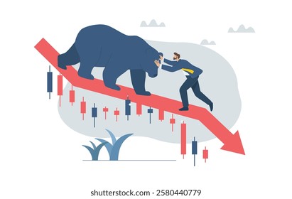 Stock or financial market prices are falling sharply, Bear market is down, Investment crisis or stock market crash, Business or economic recession, Businessman is fighting with bear market.
