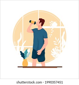 stock flat design portrait of boy drinking standing up, flat design concept