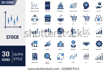 Stock Flat Icons set. Containing currency exchange, trading, profit, shareholder, types of markets and charts. Vector illustration