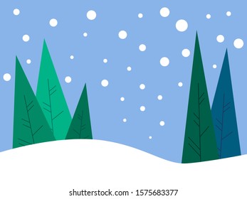 Stock flat style winter illustration background. Snowy winter landscape with spruces on hills. Ideal for Christmas or winter holiday season ads, postcards, apps or sites decoration. 