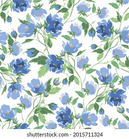  Stock floral illustration.Can be used as a Print for Fabric, Background .Seamless pattern with doodle blue flowers and fresh green leaves on white background.