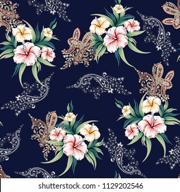 stock flowers bunches  with paisley pattern on navy background