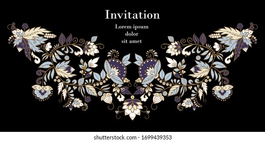 stock  flowers and waves, doodle floral bouquet. oriental or arabic, russia textile design. template for card. banner. botanic set