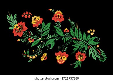 stock  flowers and waves, doodle floral bouquet. oriental or arabic, russia textile design. template for card. banner. botanic set