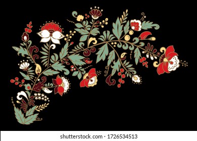 stock  flowers and waves, doodle floral bouquet. oriental or arabic, russia textile design. template for card. banner. botanic set