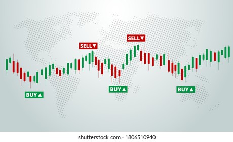 Bolsa de comercio de divisas del mundo. Comprar y vender señales, inversión en el mercado de valores. Fondo blanco. Vector.