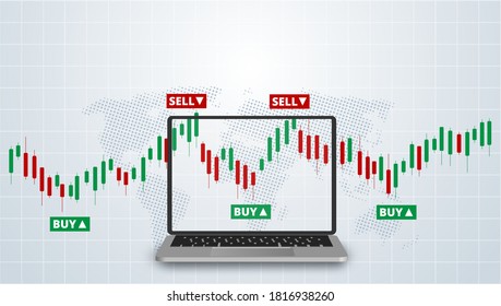Stock Forex trading exchange of world trading online with laptop. Buy and sell signals. White background. Vector.
