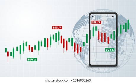 Stock Forex trading exchange of world trading online with smart phone. Buy and sell signals. White background. Vector.