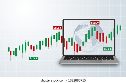Stock Forex trading exchange of world trading online with laptop. Buy and sell signals. White background. Vector.
