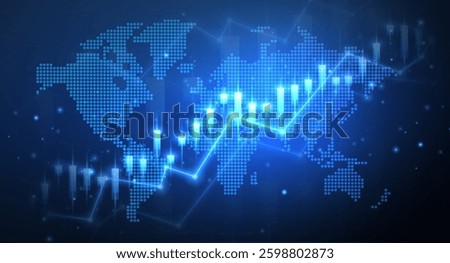 Stock growth graph background and world map. Trade exchange, chart concept, financial graph, economy analysis, investment trend, forex trading, chart pattern, finance goal, world economic symbol.